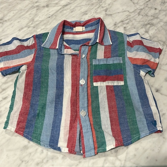 Pink Chicken/Blue Rooster button Shirt striped 18/24 - Picture 1 of 5